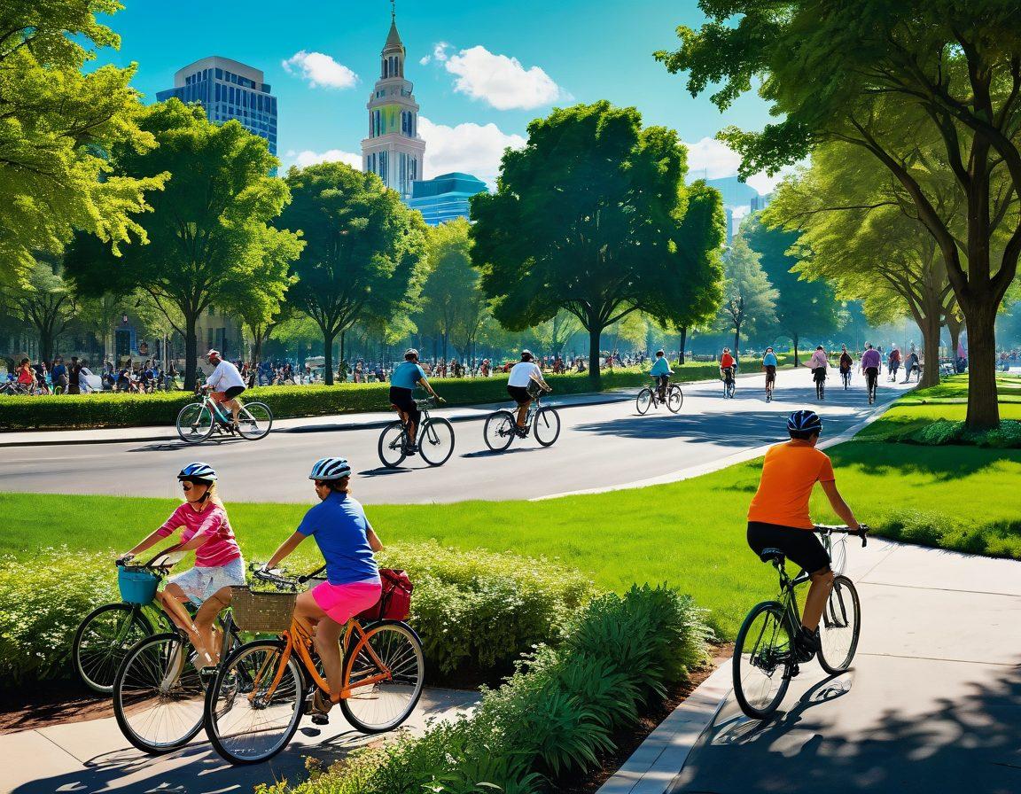 A vibrant cityscape filled with diverse cyclists of all ages and backgrounds enjoying a sunny day. Include colorful bicycles, lush green parks, and iconic urban landmarks in the background. Show a sense of community with people interacting and smiling. Emphasize the joy of adventure with dynamic movement and vivid colors. super-realistic. vibrant colors. 3D.