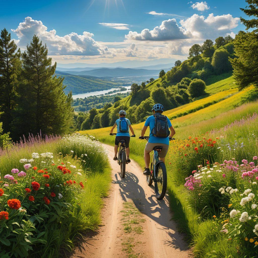 A vibrant, sunlit landscape depicting an electric bicycle on a scenic trail, surrounded by joyful riders in dynamic, active poses. Features lush greenery, colorful flowers, and rolling hills in the background, symbolizing adventure and freedom. Include elements like a bright blue sky and the warm glow of the sun to evoke happiness. Ideal for showcasing the exhilaration of electric bicycles and an active lifestyle. super-realistic. vibrant colors.